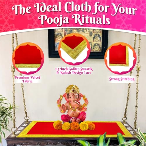 Image of Bhakti Lehar (10 x 30 Inch) Plain Red Velvet Pooja Aasan for God Idol /Chowki Aasan Kapda Cloth for Temple Shelf Home Mandir, Ganesh Baithak and God Idol Sitting - Pack of 2