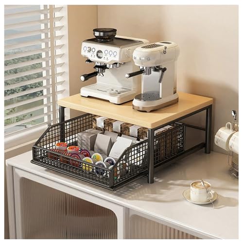 Credenza organizer per macchina da caffè, scaffale portaoggetti da piano di lavoro, carrello da cucina e microonde, supporto da tavolo a 2 ripiani con cassetto scorrevole, supporto da pavimento per