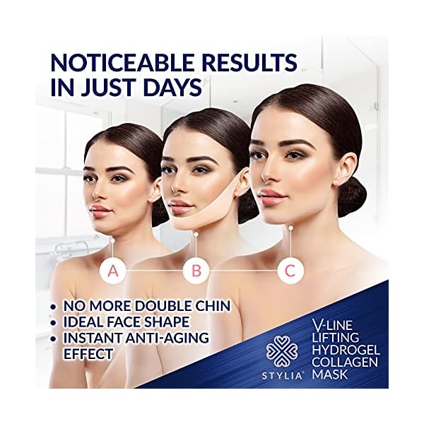 10-Piece-V-Line-Shaping-Face-Masks--Lifting-Hydrogel-Collagen-Mask-with-Aloe-Vera--Anti-Aging-and-Anti-Wrinkle-Band-Double-Chin-Reducer-Strap-Contouring-Slimming-and-Firming-Face-Lift-Sheet Stylia V-Line Lifting Collagen Face Mask with Hyaluronic Acid & Aloe Vera - Spa Quality Double Chin Strap - Collagen Mask for Women - Jawline Shaper Face Lift Tape - Chin Strap for Sleeping - 10PC