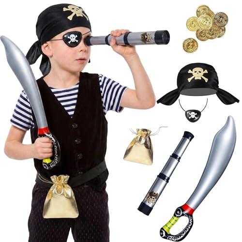 Seawhisper Piratenkostüm Kinder Kostüm Zubehör Pirat Jungen Mädchen Piratenhut Fernrohr Augenklappe Piratensäbel Goldmünze Piratenkopftuch Accessoires Set