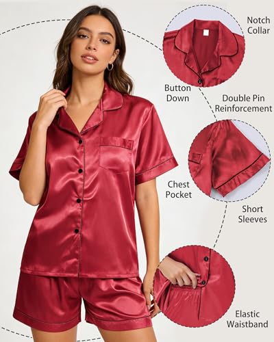 Image of 3 Piece Silk Satin Pajama Set for Women Soft Short Sleeve Button Down Pjs with Shorts Long Pants Sleepwear S-XXXL