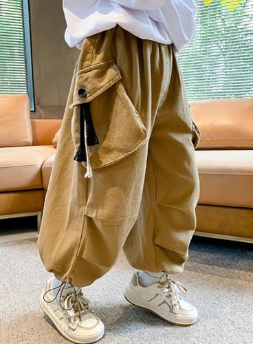Boys Baggy Cargo Pants Casual Loose Fit Parachute Pant Fashion Harem Joggers Sweatpants with Pockets 11-12 Years 19 Khaki3