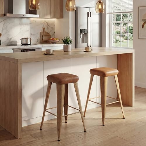 Image of Yongchuang Upholstered Bar Stools Set of 2, 24 inch Counter Stools with Walnut Wood Grain Metal Legs PU Leather Modern Backless Kitchen Island Barstools