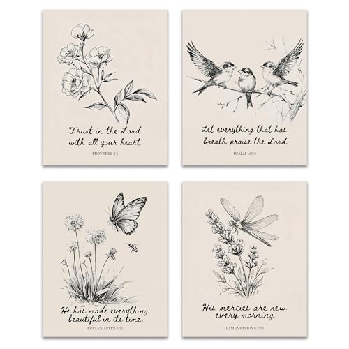 ZNGFON Vintage flower Bible Verse Wall Art Set of 4,Christian gifts for women,Christian Scripture Prints bird butterfly dragonfly Botanical Gallery Wall Faith Decor Religious Art for Home Prayer Room