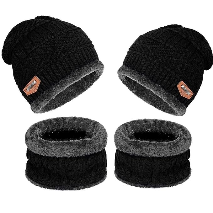 Fitness Mantra® Beanie Cap & Muffler for Men & Women| Beanie Cap| Woolen Topaa| Winter Cap| Head & Neck Warmer| Black Color| 2 Set|