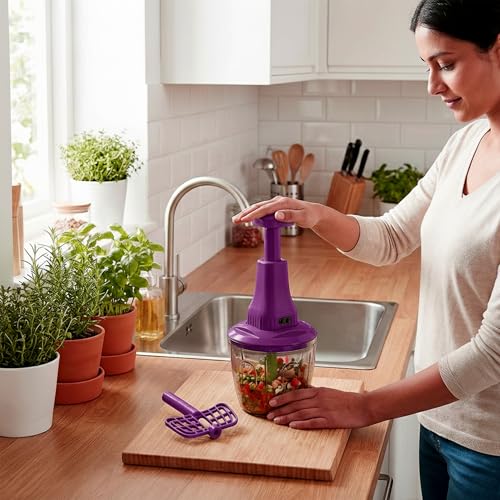 Image of Chopper for Kitchen Use | 1100 ml Round Manual Push Chopper with 5 Blades and Whisker | Chopping Vegetables & Fruits, Onion, Ginger, Garlic, Salad, Tomato, Potato (Purple)