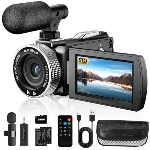 Videocámara 4K, 48 MP, foto 4K 60 FPS, videocámara digital para vlogging Youtube, con 2 baterías/micrófono inalámbrico/tarjeta SD/control remoto