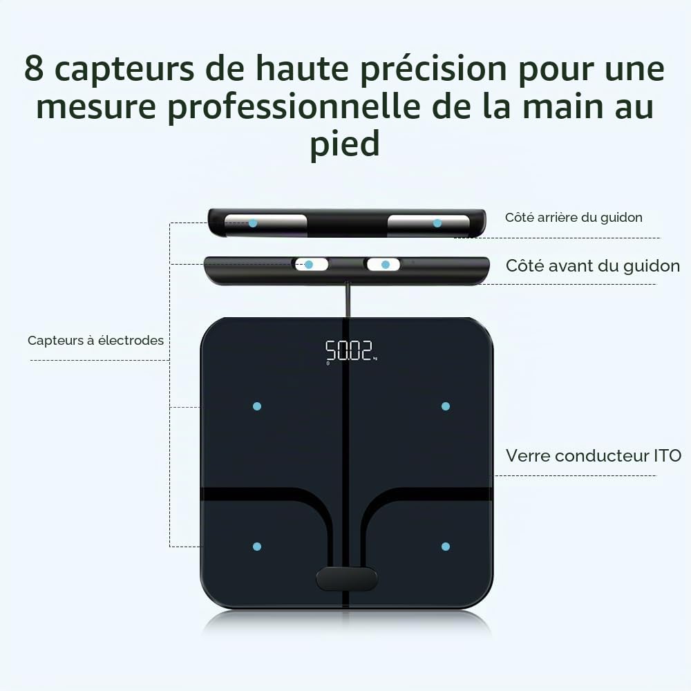 Fitdays Balance d'analyse corporelle intelligente -Balance IMC numérique de précision à 8 électrodes avec 20+métriques, affichage couleur Bluetooth pour muscle/graisse/eau (FI2211WB-Noir)