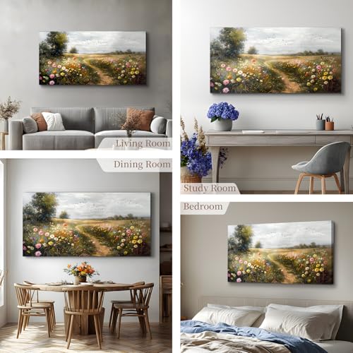 SERIMINO Large Wall Art for Living Room, Countryside Path Landscape Wall Decor, Wildflowers Meadow Canvas Prints, Natural Scenery Modern Pictures Home Decor Farmhouse Kitchen Dining Room 30"X60"