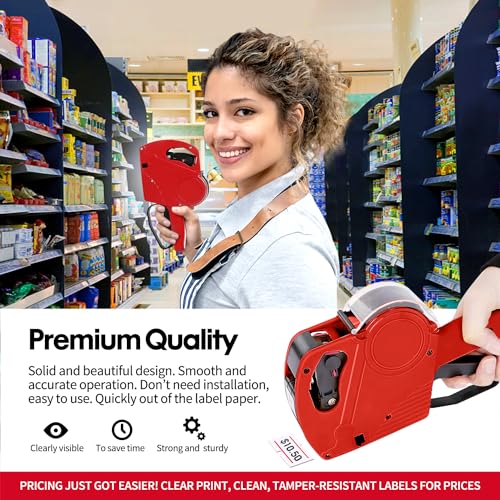 KPX MX5500 Pricing Tag Gun with 5150 pcs White Label Gun Stickers & 3 Extra Inker Rollers, Pricing Label Gun, 8 Digits Retail Pricing Gun and Labels for Grocery Store, Food (Red)