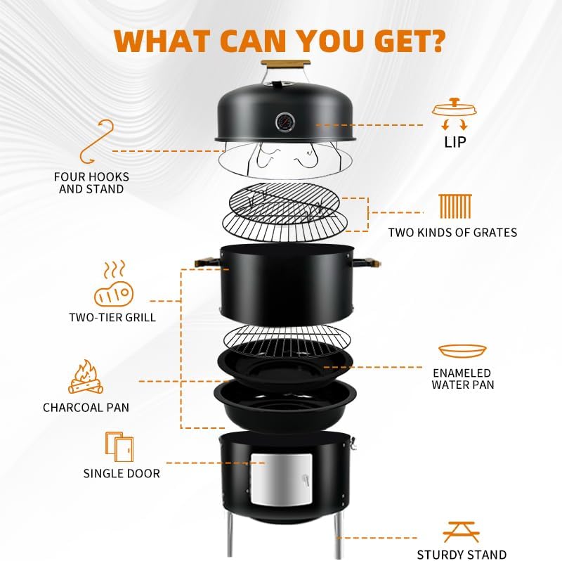 Miniatura 6 de Parrilla de humo 3 en 1 de 17-12 pulgadas, termómetro, ventilación de aire y puertas de acceso, barbacoa de humo resistente multicapa con 3 asas de