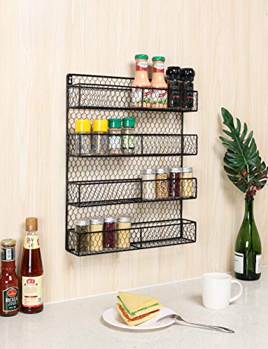 IZLIF Wall Mounted Spice Rack Organizer for Cabinet Pantry Door Kitchen Large Hanging Spice Shelf 4 Tier Chicken Wire Spices Bottle Holder,Black