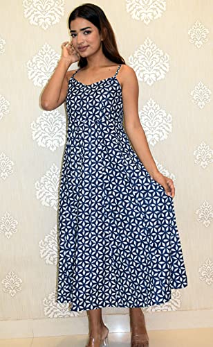 Image of JAIPUR HAND BLOCK Cotton Sleeveless Long Flared A Line Dress|Gown (S00063)
