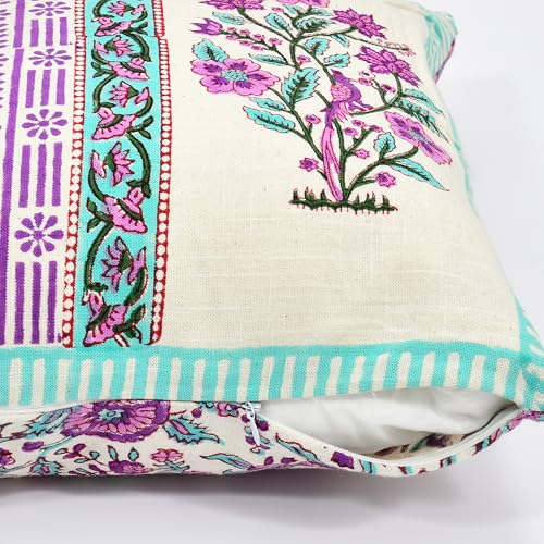 Image of BLOCKS OF INDIA Hand Block Printed Cotton Linen Cushion Cover (16 x 16 inches) (DYE Purple Turq Half)
