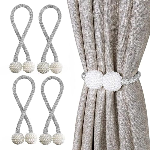Image of TIED RIBBONS Set of 4 Handmade Magnetic Curtain Tiebacks Magnetic (Grey, 17 Inch) - Curtain Tie Backs Rope Outdoor Treatment Holdbacks Curtain Holders for Drapes Window Sheer Drapes Outdoor Indoor