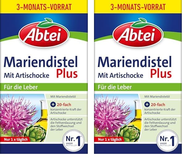 Abtei Mariendistel Plus mit Artischocke – Unterstützung der Lebergesundheit und der Fettverdauung - Natürlich wirksam – Glutenfrei, Laktosefrei – Vorratspackung – 90 Kapseln für 3 Monate
