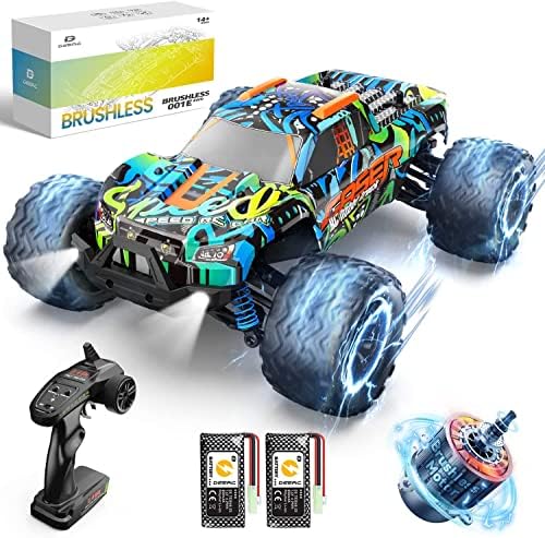 DEERC 001E 1:14 Brushless RC Car, High Speed Remote Control Truck, 35 MPH 4WD Off-Road Hobby Grade Toy Crawler Electric Vehicle with Upgrade Chassis, 2 Batteries 36+ min Play Lights for Adult Kid Boy