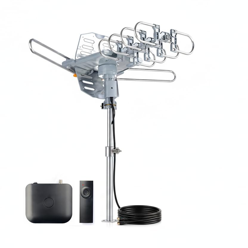 PBD Digital Amplified Outdoor HDTV Antenna with 40FT RG6 Cable, 360 Degree Rotation, Wireless Remote, Snap-On Installation
