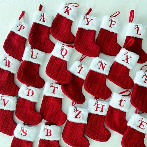 Christmas Stockings with Initials,7.5 Inches Red White Embroidered Knitted Monogram Letter Xmas Stocking,Mini Christmas Stocking for Fireplace Party Tree Family Holiday Decorations - image 4