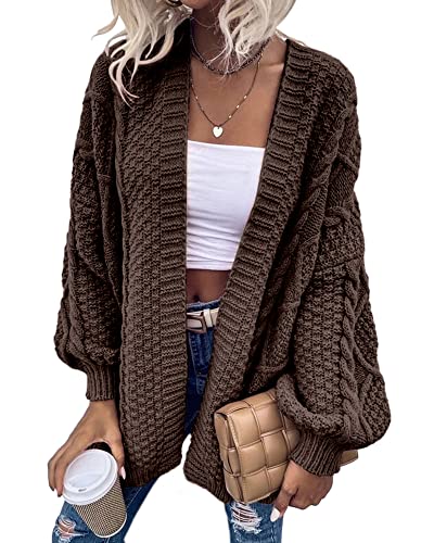 Dyexces Womens Oversized Cardigan Sweaters Open Front Cable Knit Lantern Long Sleeve Chunky Outwear Coats Coffee