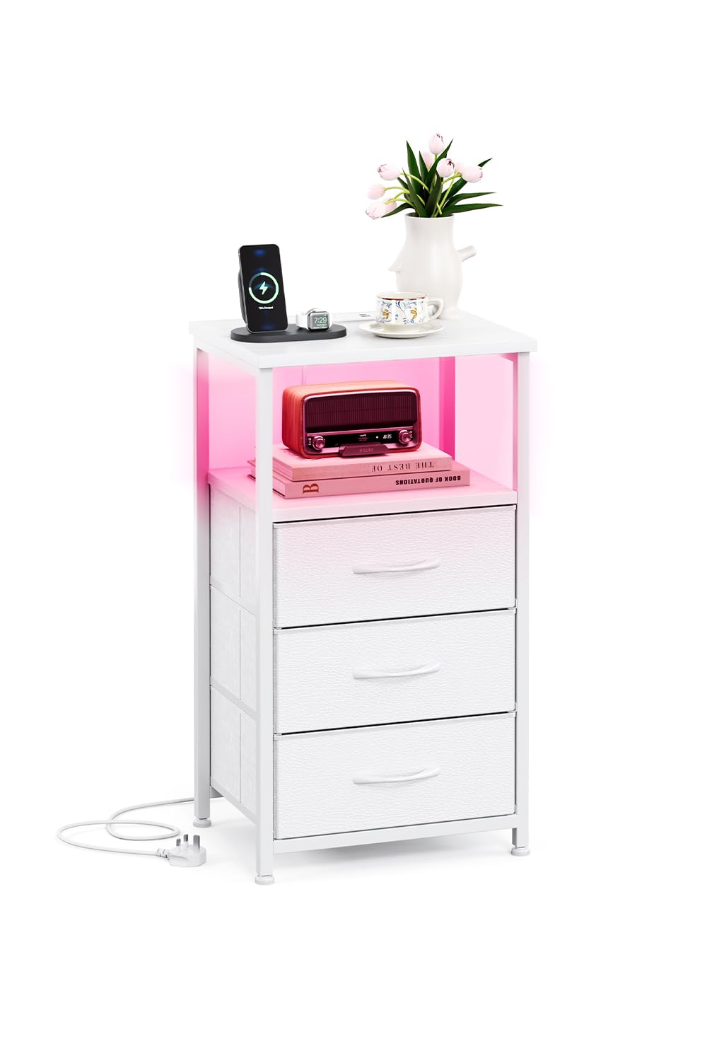 CAIYUN 3 Drawers Bedside Table with Charging Station, 72Hx40W cm Chest of Drawers for Bedroom, Kids, Living Room, Clost, Small End Table with Led and 2 Outlets & USB Ports for Small Space, White