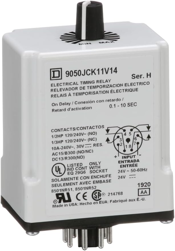 Schneider Electric Square D Timer Relay, Type JCK, Plug in, On Delay, Adjustable Time, 0.1 to 10 Seconds, 10A, 240 VAC, 24 VAC/DC
