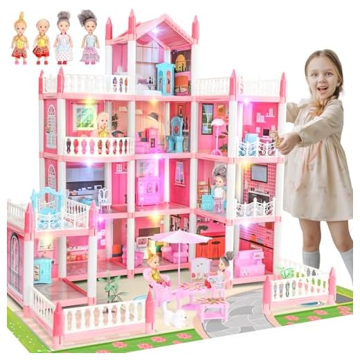 Maison De Poupée Rose GirlDiary, 4 ÉTages, 11 Pièces, 4 Poupées, Accessoires, Lumières, Princesse, Filles 3-8 Ans