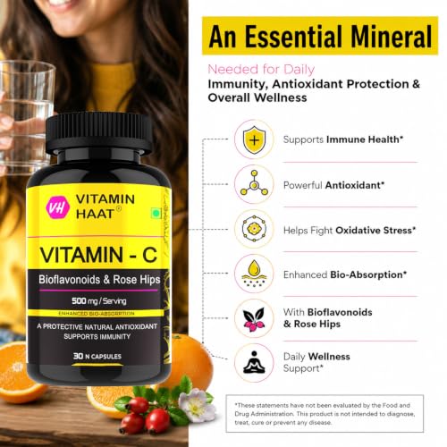 Image of Vitamin C Supplement 500mg Capsules with Citrus Bioflavonoids & Rose Hips, Amla | Immune Support, Antioxidant Protection & Collagen Formation | Natural Vitamin C for Men & Women | 30 Capsules by VitaminHaat
