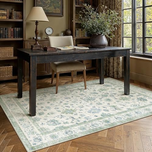 Waschbarer Teppich 120x170cm Wohnzimmer Blumenmuster rutschfest Weich kurzflor Bumen Boho Vintage Teppiche für Esszimmer Schlafzimmer Bedroom Living