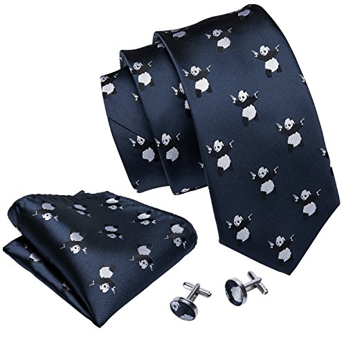 Image of Barry.Wang Fun Animal Ties for Men Designer Handkerchief Cufflink WOVEN Casual Necktie Set Festival