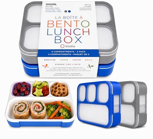Image of kinsho Bento Box for Kids Lunch-Boxes for Adults | Portion Snack Containers for Boys Toddlers Pre-School Daycare Work Lunches BPA Free | 4 Compartments, Gray Blue, 2 pack