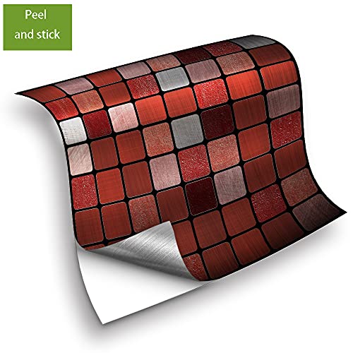 Alwayspon 25 Pcs Brushed Silver Self-Adhesive Tile Transfer, Peel And Stick Tile Decal, Water-Proof Backsplash Wall Tile Sticker For Kitchen Bathroom Decor, Red Metallic Mosaic, 8X8Inch #TOP5