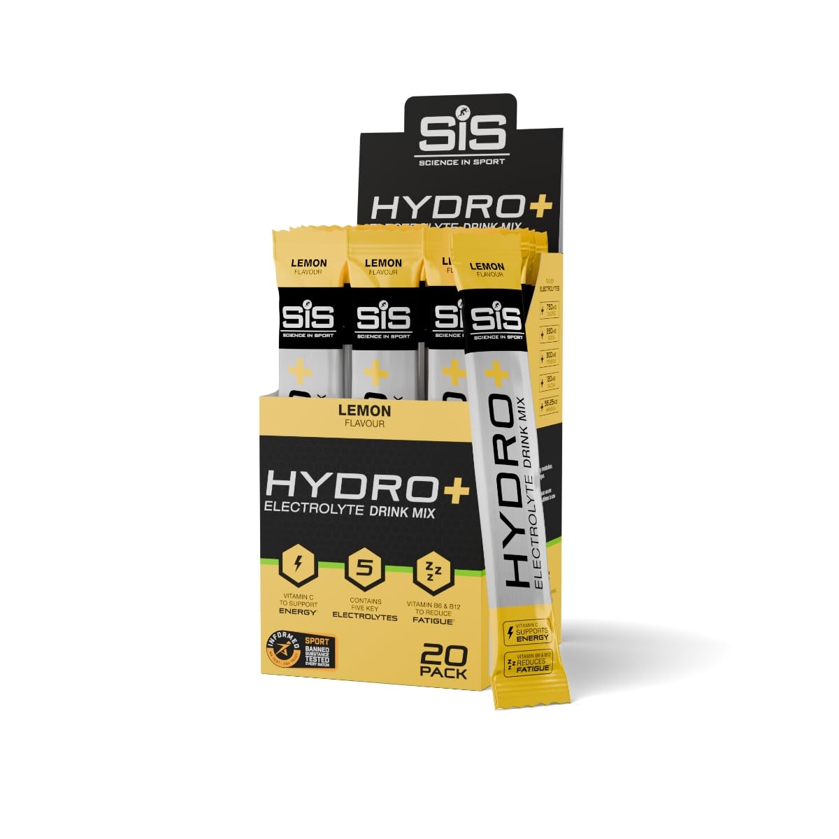 Science in Sport Hydro+ Electrolytes Powder Sachets with 5 Essential Electrolytes and Added Vitamins C, B6, and B12 for Hydration Drink | Lemon, Pack of 20 Sachets