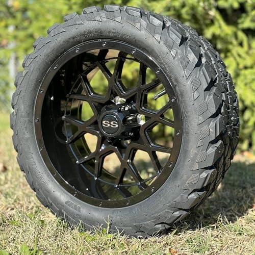 14 Inch Glossy Black Fusion Golf Cart Wheels & Tires Set of 4 23x10-14 All Terrain Tires DOT Certified Golf Cart Wheels Compatible with EZGO Club Car YMH 5 or 6 Lift Kit Required