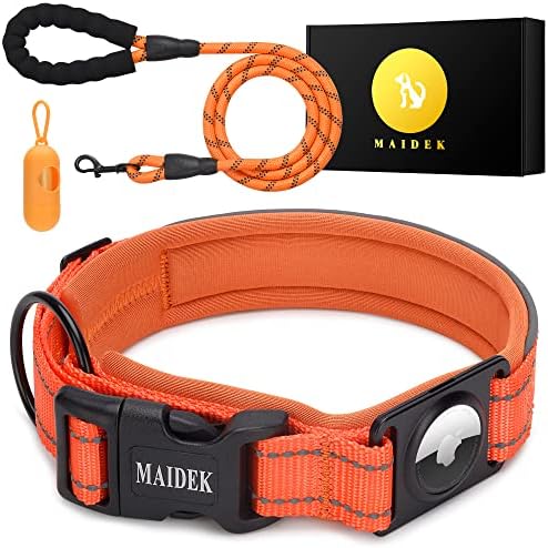 Maidek Airtag Dog Collar Holder - Heavy Duty & Thick Titanium GPS Tracker Holder, Reflective Nylon - Chewproof, Magnetic Dog Collar Tag with Leash, Poop Bag - Orange, Large Size 1.25x17-20