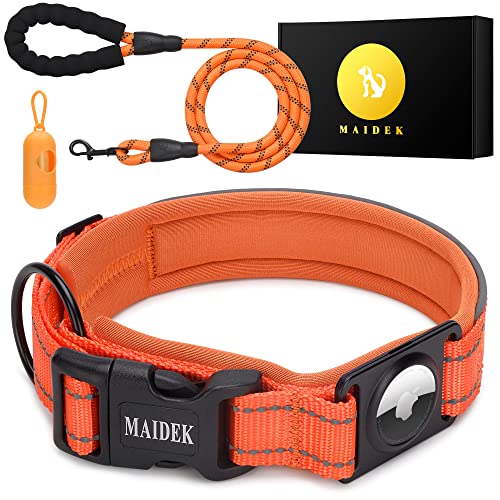 Maidek Airtag Dog Collar Holder - Heavy Duty & Thick Titanium Gps Tracker Holder, Reflective Nylon - Chewproof, Magnetic Dog Collar Tag With Leash, Poop Bag - Orange, Large Size 1.25X17-20 #TOP3