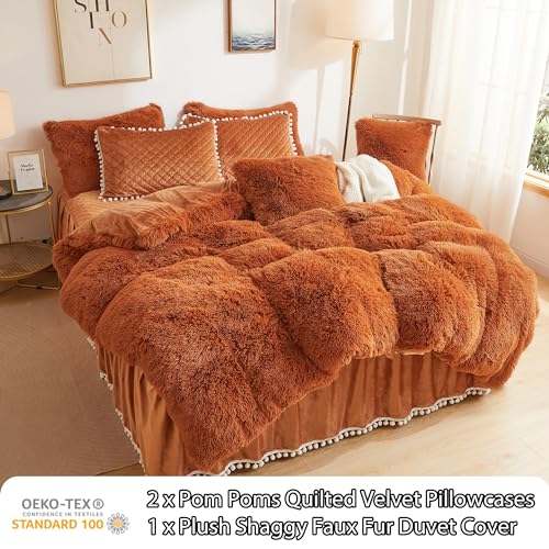 Image of LIFEREVO Terracotta Plush Shaggy Duvet Cover Set, Soft Velvet Fluffy Comforter Quilt Cover Bedding Set(1 Faux Fur Fuzzy Duvet Cover + 2 Pompoms Pillow Cases), Zipper Closure(King, Burnt Orange)