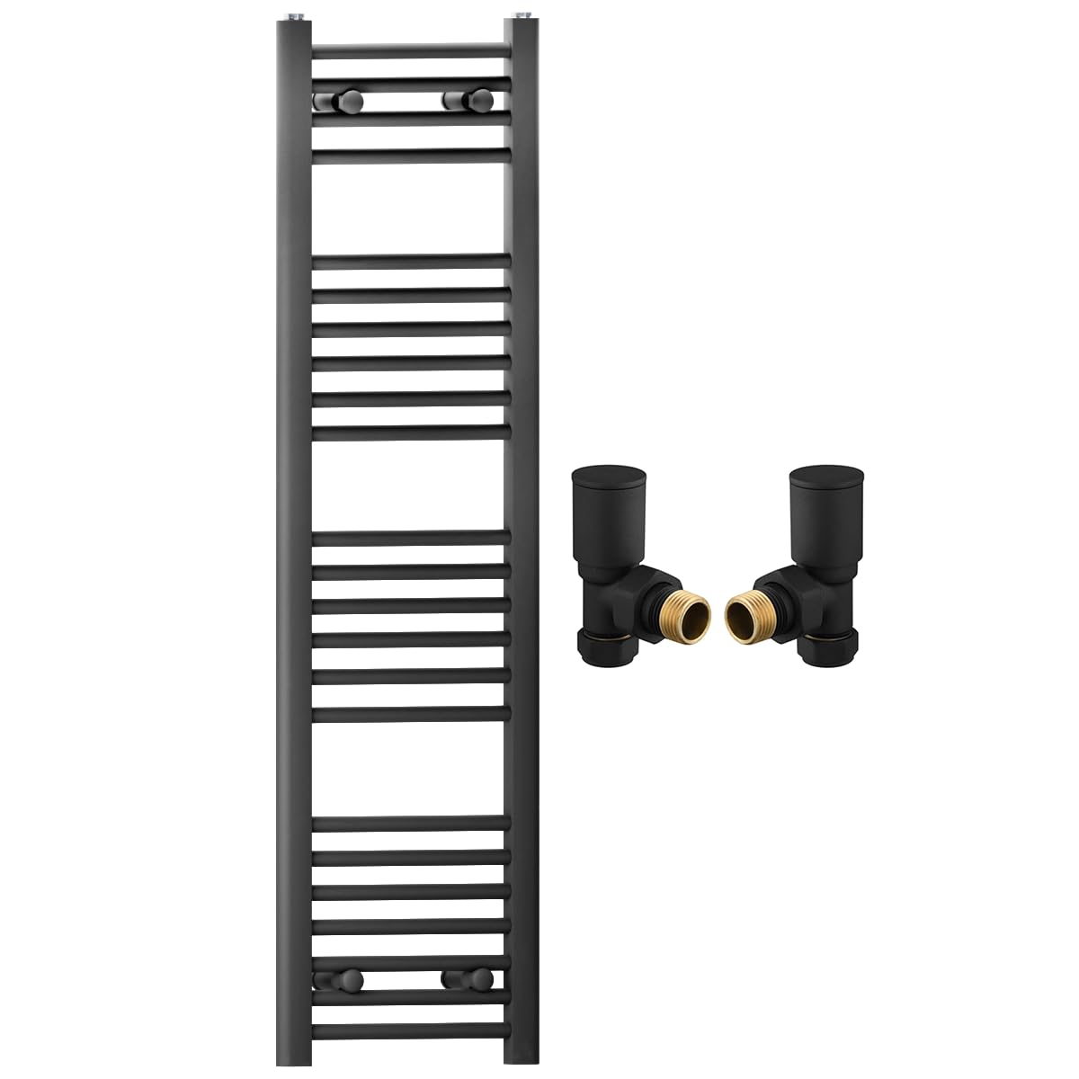 300mm Wide Straight Black Heated Bathroom Towel Rail Radiator With Valves For Central Heating UK (With Black Angled Valves, 300 x 1200mm (h))