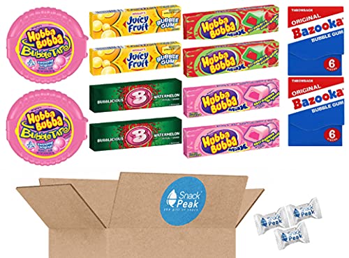 Bubble Gum Snack Peak Variety Gift Box â€“ Hubba Bubba Original and Strawberry Watermelon; Bubblicious Watermelon; Bazooka; Juicy Fruit; Bubble Tape Original