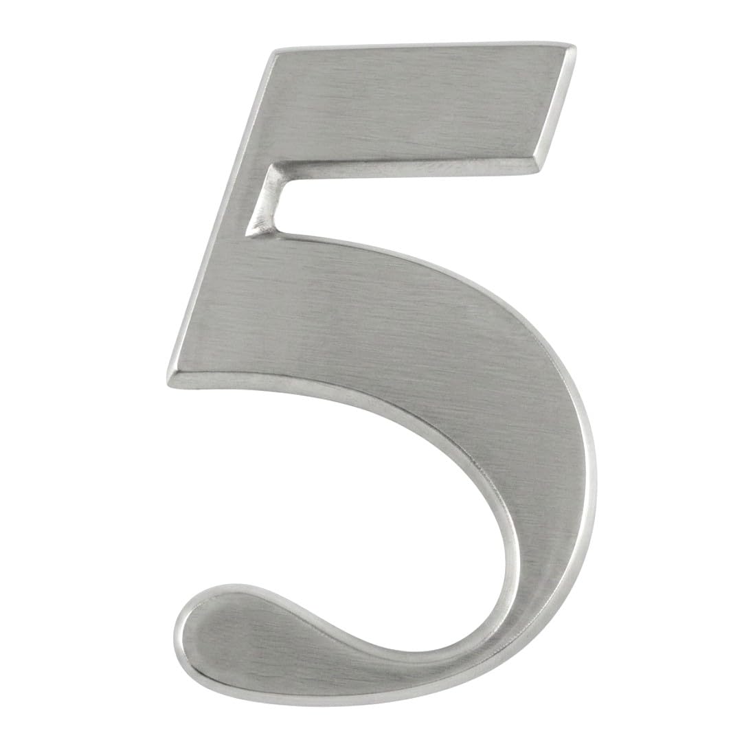Door Number in Satin Silver Stainless Steel Finish- Self Adhesive 3" Nanocoast House Number, Times Roman Font, 5