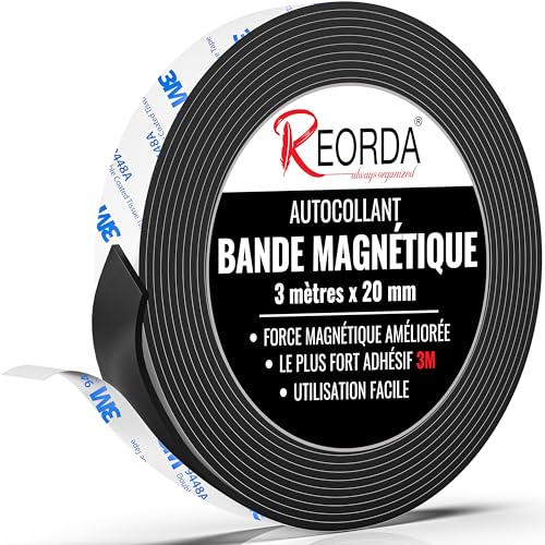 REORDA® Bande Magnétique Puissante - Aimant Autocollant avec Adhésif 3M Puissant - avec Force Magnétique Optimisée, Scotch Aimanté