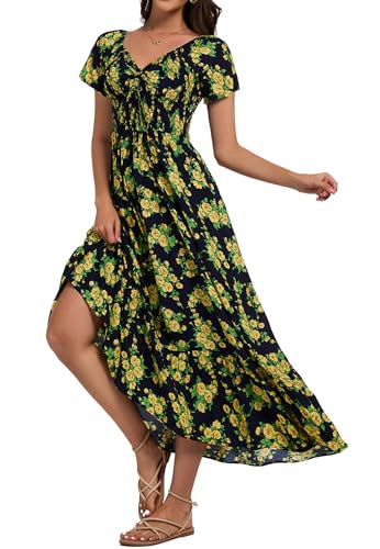 Image of Summer Smocked Boho Maxi Dress for Women 2026 Short Sleeve Floral Smocked Flowy Ruffled Beach Vacation Dresses Lightweight