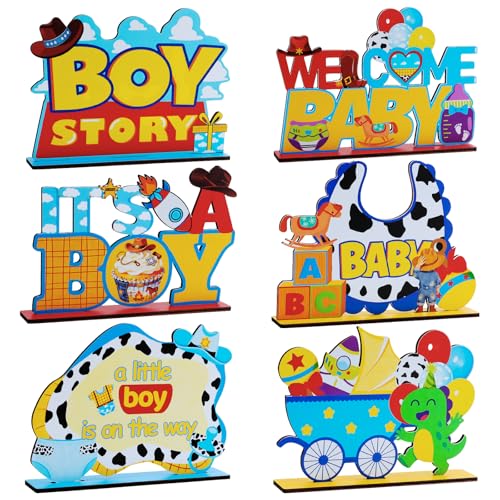 6pcs Cartoon Toy Wooden Table Centerpieces for Boys Baby Shower Party Decorations Its A Boy Story Table Centerpieces Blue Sky Clouds Cowboy Table Topper Sign Decors for Welcome Baby Gender Reveal