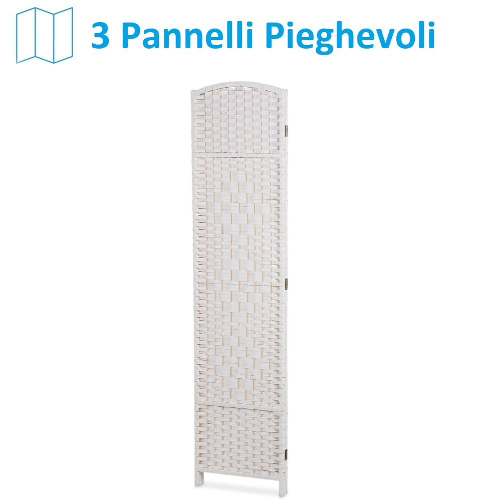 Paluplus Divisorio per Ambienti Pieghevole a 3 Pannelli, Misura 132x180 cm, Separè in Corda Intrecciata, Paravento Decorativo da Interno per Camera da Letto, Soggiorno, Ufficio -968F (Bianco)