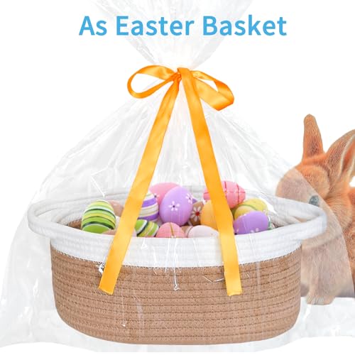 Image of Empty Gift Basket with Gift Bag & Ribbon, Woven Rope Basket, 12x8x5