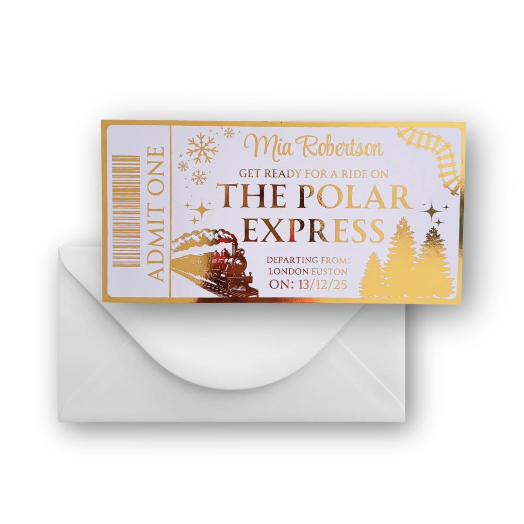 Personalised Polar Express Golden Ticket Train Christmas Foil Gift Souvenir Ticket Surprise Gift Keepsake Luxury Gold Silver Metallic Event Present Gifting
