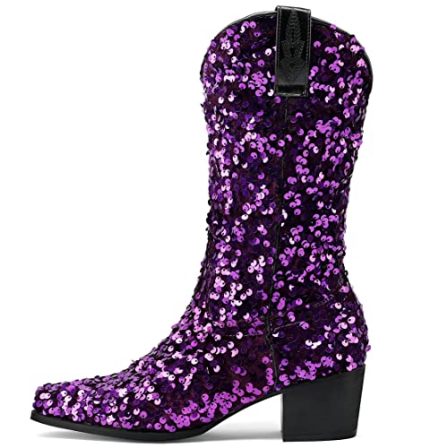 KISSASA Sequin Sparkly Mid Calf Cowboy Boots Glitter Wedding Chunky Heeled Cowgirl Boots2