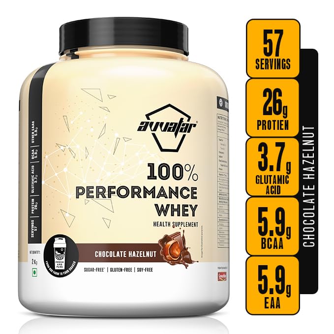 Image of avvatar PERFORMANCE WHEY PROTEIN | 2Kg | Chocolate Hazelnut Flavour | 26g Protein | 57 servings