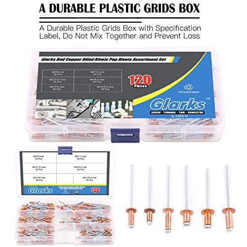 Glarks Blindnieten aus rotem Kupfer, 120 Stück, 6 Größen, für Blech, Automobil, Eisenbahn und Möbel