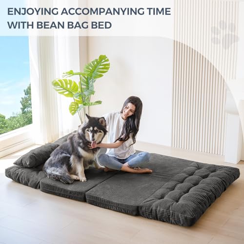 Image of MAXYOYO Folding Sofa Bed, Tufted Bean Bag Bed with Pillows Floor Couch for Adults, Extra Thick and Long Floor Sofa, Full Couch for Bedroom Living Room, Dark Grey, 54x91 Inch